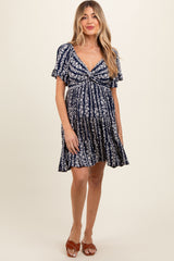 Navy Blue Floral Front Knot Twist Maternity Dress