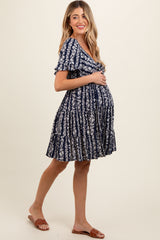 Navy Blue Floral Front Knot Twist Maternity Dress