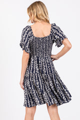 Navy Blue Floral Front Knot Twist Dress