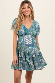 Aqua Floral Ruffle Sleeve Maternity Dress