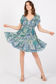 Aqua Floral Ruffle Sleeve Dress