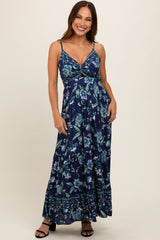 Navy Blue Floral Front Knot Twist Maternity Maxi Dress