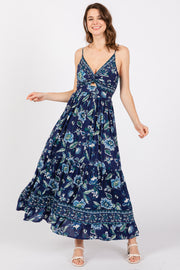 Navy Blue Floral Front Knot Twist Maxi Dress