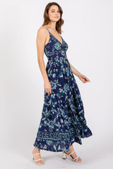 Navy Blue Floral Front Knot Twist Maxi Dress