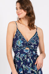 Navy Blue Floral Front Knot Twist Maxi Dress