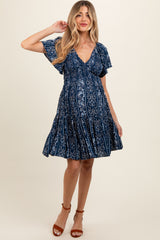 Navy Blue Patterned Smocked Front Maternity Dress