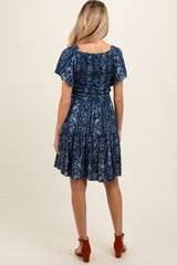 Navy Blue Patterned Smocked Front Maternity Dress