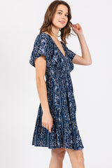 Navy Blue Patterned Smocked Front Dress