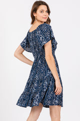 Navy Blue Patterned Smocked Front Dress