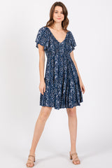 Navy Blue Patterned Smocked Front Maternity Dress