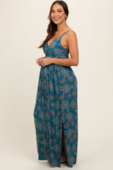 Teal Floral Sleeveless Front Knot Twist Maternity Dress