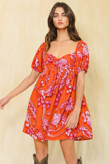 Rust Floral Knot Front Sweetheart Neck Short Puff Sleeve Maternity Dress