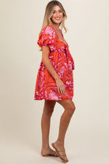 Rust Floral Knot Front Sweetheart Neck Short Puff Sleeve Maternity Dress