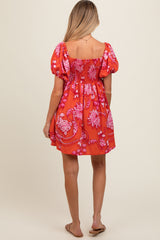 Rust Floral Knot Front Sweetheart Neck Short Puff Sleeve Maternity Dress