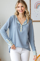 Light Blue Floral Accent Henley Top