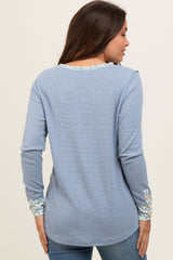 Light Blue Floral Accent Maternity Henley Top