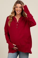 Red Button Front Ribbed Trim Hooded Maternity Sweatshirt