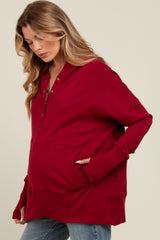 Red Button Front Ribbed Trim Hooded Maternity Sweatshirt