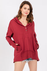 Red Button Front Ribbed Trim Hooded Maternity Sweatshirt