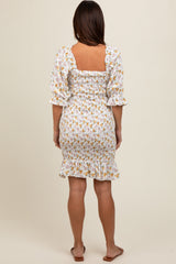 Cream Floral Square Neck Smocked Bodycon Maternity Dress