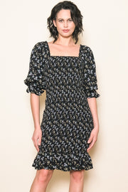 Black Floral Smocked Puff Sleeve Dress