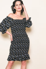 Black Floral Smocked Puff Sleeve Dress