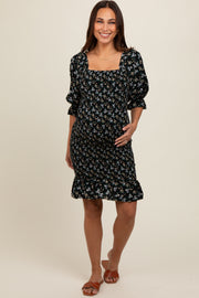 Black Floral Smocked Puff Sleeve Maternity Dress