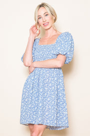 Light Blue Floral Smocked Tie Back Dress