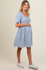 Light Blue Floral Smocked Tie Back Maternity Dress