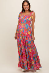 Magenta Floral Shoulder Tier Smocked Maternity Maxi Dress