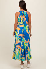 Royal Blue Leaf Print Halter Maternity Midi Dress