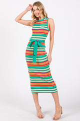 Mint Green Striped Tie Waist Sleeveless Maternity Midi Dress