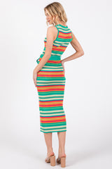 Mint Green Striped Tie Waist Sleeveless Midi Dress