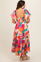 Fuchsia Leaf Print Maternity Maxi Dress