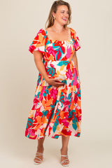 Fuchsia Leaf Print Plus Maternity Maxi Dress