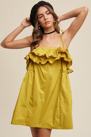 Lemon Grass Tiered Ruffle Tie Straps Poplin Dress