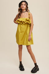 Lemon Grass Tiered Ruffle Tie Straps Poplin Dress