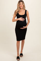 Black Ribbed Fitted Sleeveless Maternity Dress