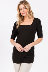 Black Ribbed Ruched Square Neck Puff Sleeve Maternity Top