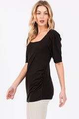 Black Ribbed Ruched Square Neck Puff Sleeve Top