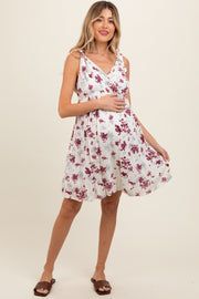 Ivory Mauve Floral Knotted Wrap V-Neck Maternity Dress