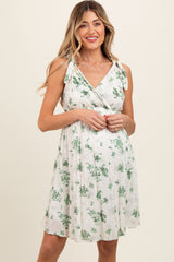 Ivory Green Floral Knotted Wrap V-Neck Maternity Dress