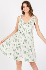Ivory Green Floral Knotted Wrap V-Neck Maternity Dress