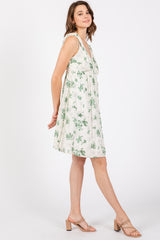 Ivory Green Floral Knotted Wrap V-Neck Dress