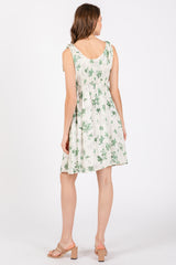 Ivory Green Floral Knotted Wrap V-Neck Dress