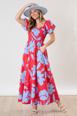 Red Floral Print Bias Smocked Bust Maxi Dress