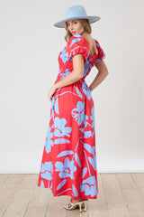 Red Floral Print Bias Smocked Bust Maxi Dress