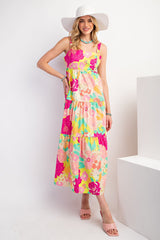 Lime Multi-Color Floral Tiered Cutout Back Maternity Dress