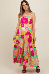 Lime Multi-Color Floral Tiered Cutout Back Maternity Dress