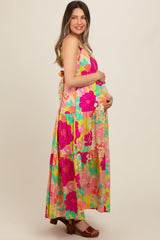 Lime Multi-Color Floral Tiered Cutout Back Maternity Dress